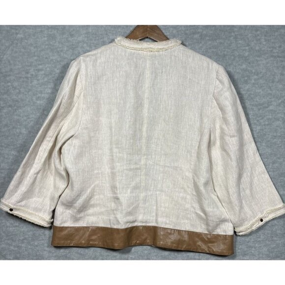 Chicos Women’s Jacket 100% Linen Beige Open Front Sz 2 L Faux Leather - Picture 6 of 6